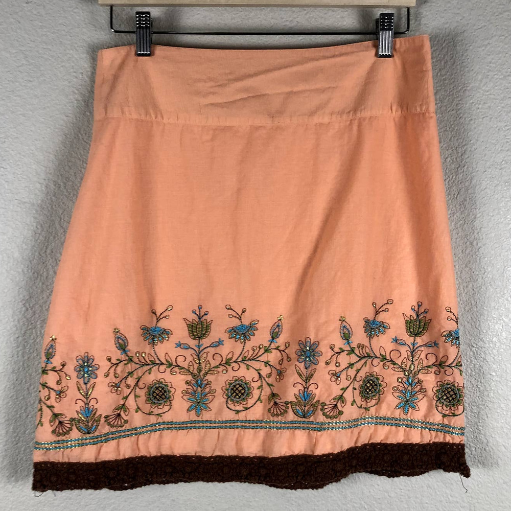 SOULMATES Skirt Orange‎ Embroidered Brown Crochet Trim Back Zip Juniors Size 7